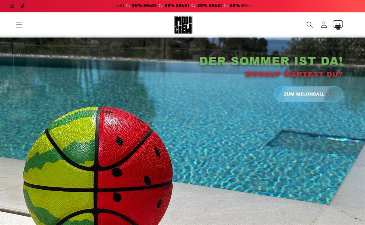Startseite des Onlineshops der Basketball-Marke MOODCREW